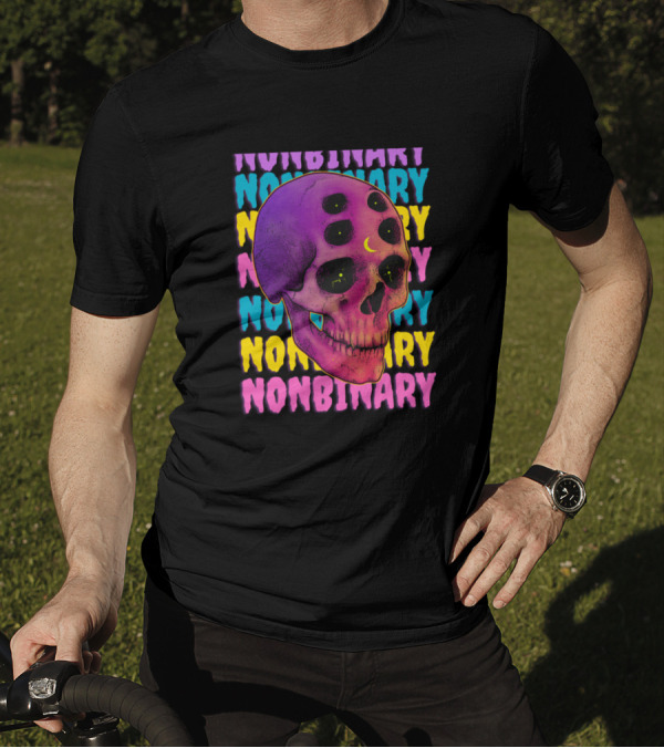 Nonbinary Skull With Colorful Text And Crescent Moon On Forehead T-Shirt