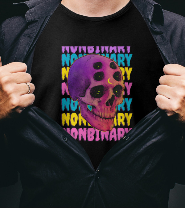Nonbinary Skull With Colorful Text And Crescent Moon On Forehead T-Shirt