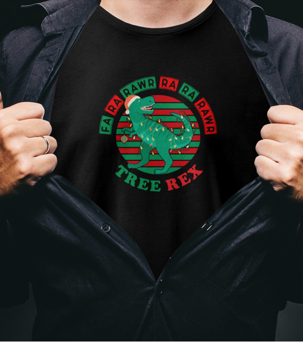 Fa Ra Rawr Ra Ra Rawr Tree Rex Dinosaur Christmas Lights Santa Hat T-Shirt