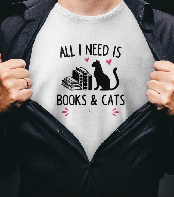 All I Need Is Books And Cats Funny Cat Kitty Hearts T-Shirt
