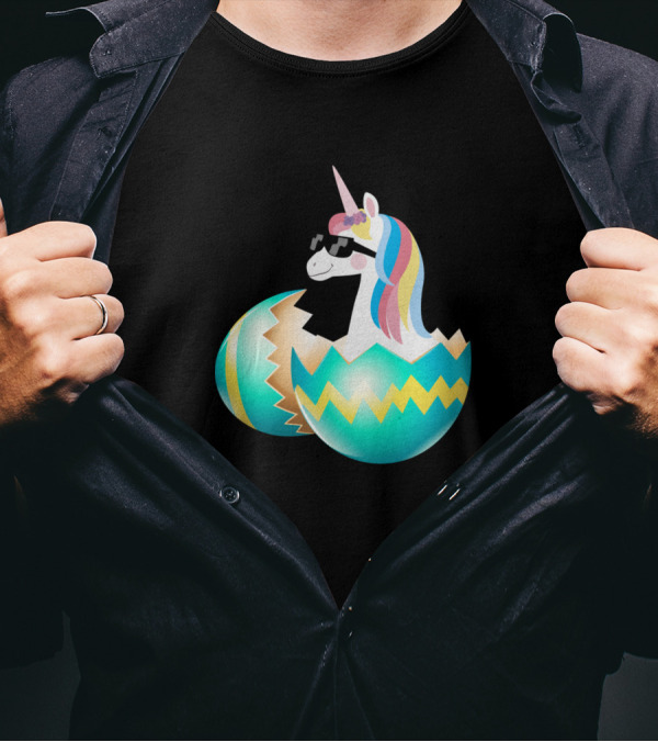 Baby Unicorn Wearing Sunglasses Hatching From Easter Egg Easter Day T-Shirt