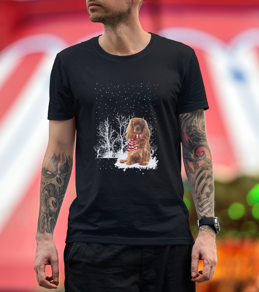 Cavalier King Charles Spaniel Wearing Red and White Scarf with Snowy Trees T-Shirt