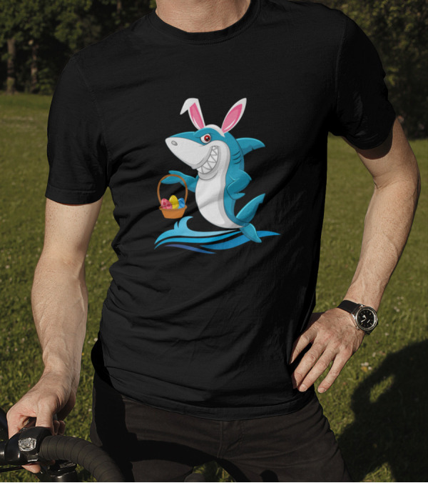 Shark Bunny Rabbit Hat Easter Basket Eggs Swimming Happy Easter T-Shirt