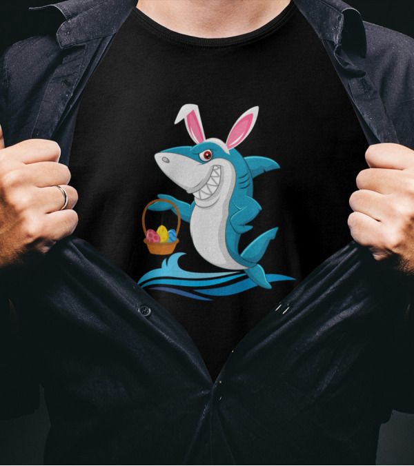 Shark Bunny Rabbit Hat Easter Basket Eggs Swimming Happy Easter T-Shirt