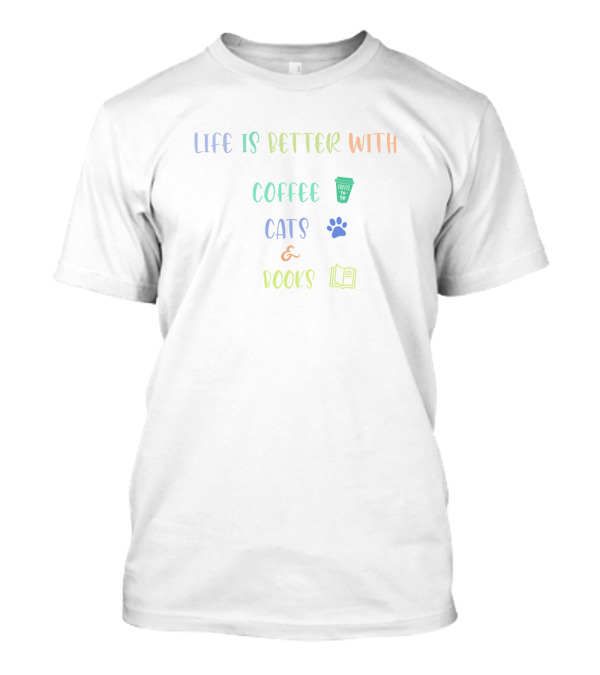 Life Is Better With Coffee Cats And Books Coffee Paw Print Book Icons T-Shirt