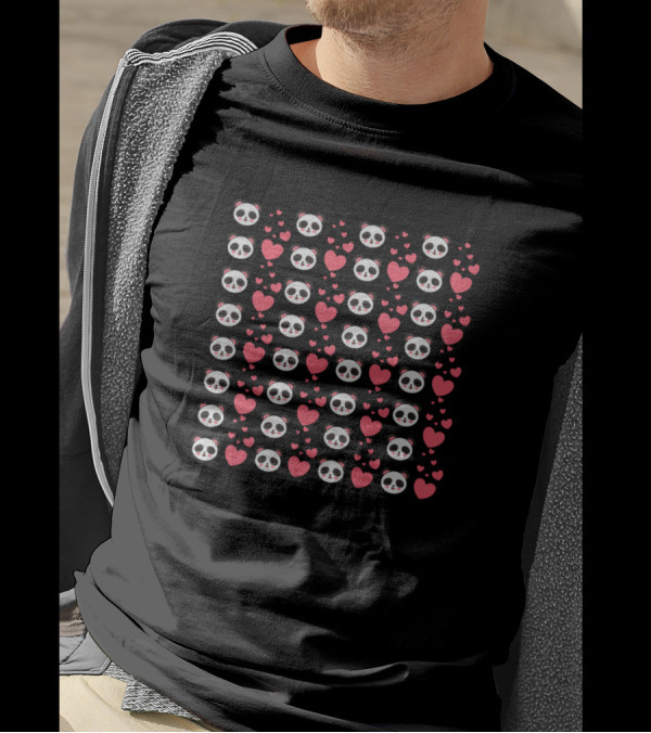 Panda Faces With Rows Of Hearts And Love T-Shirt