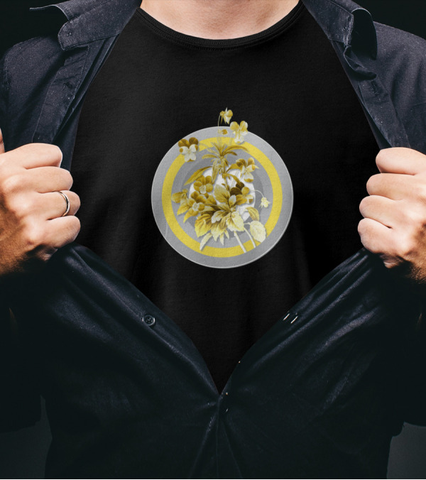 Botanical Illustration Johnny Jump Up Yellow Flowers On Gray Circle T-Shirt