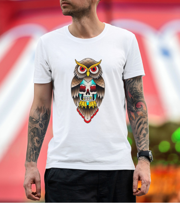 Premium T-Shirt: Owl With Bold Eyes and Vibrant Skull Elements T-Shirt Owl With Bold Eyes and Vibrant Skull Elements T-Shirt