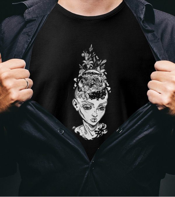 Surreal Human Head Open With Blooming Flowers And Leaves T-Shirt