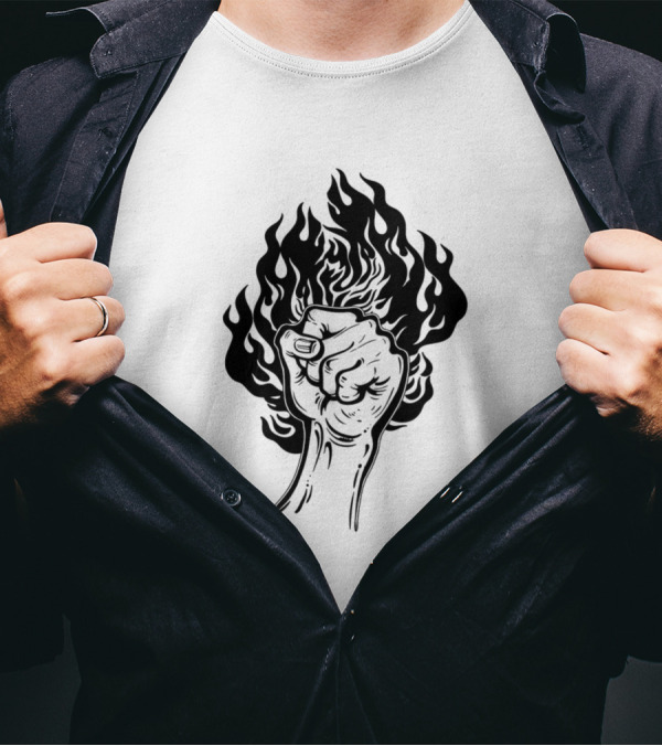 Raised Fist Gesture With Flames In Background T-Shirt