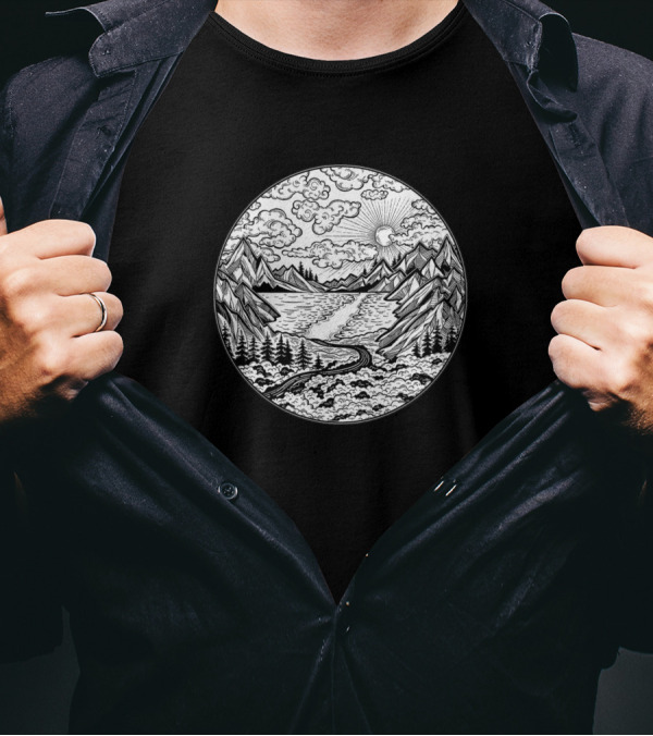 Round Wilderness Landscape Scene With Mountains, River, And Forest T-Shirt