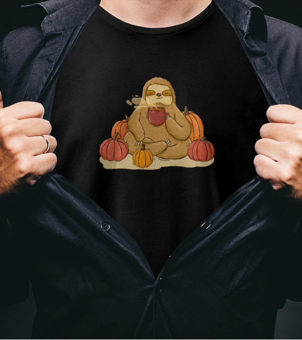 Sloth Relaxing With Coffee Surrounded By Pumpkins T-Shirt