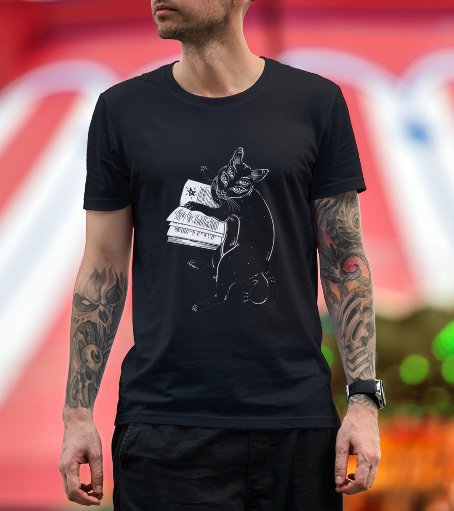 Smart Black Four Eyed Demon Magic Cat Reading Book T-Shirt