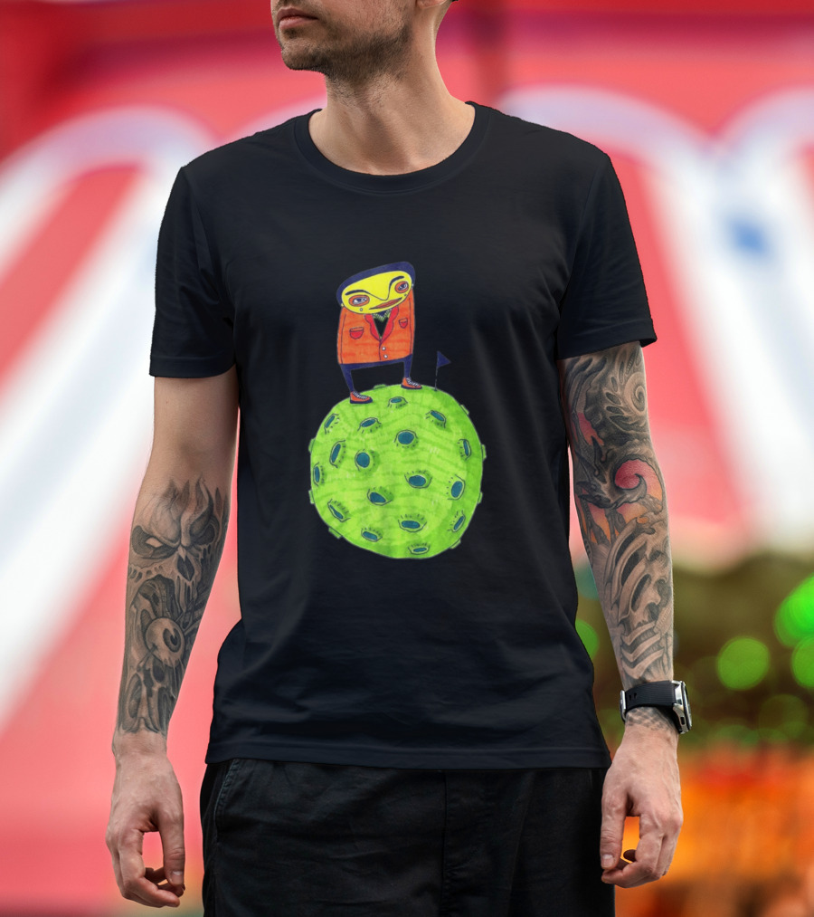 Smiling Face in Red Jacket on Green Planet T-Shirt