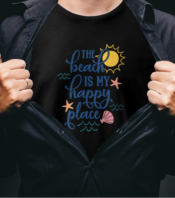 The Beach Is My Happy Place Sun Starfish Seashell Waves T-Shirt