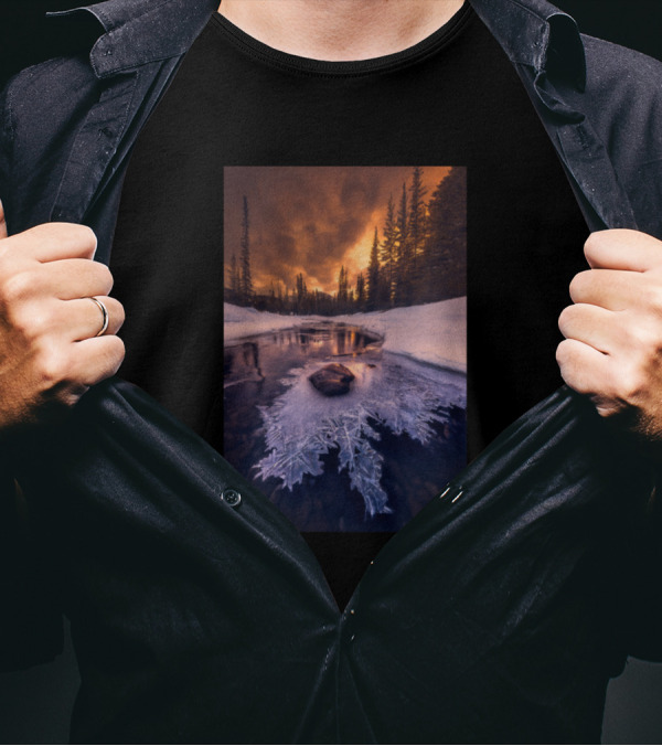 The View Of Snow River At Sunset With Frosty Ice Formation T-Shirt