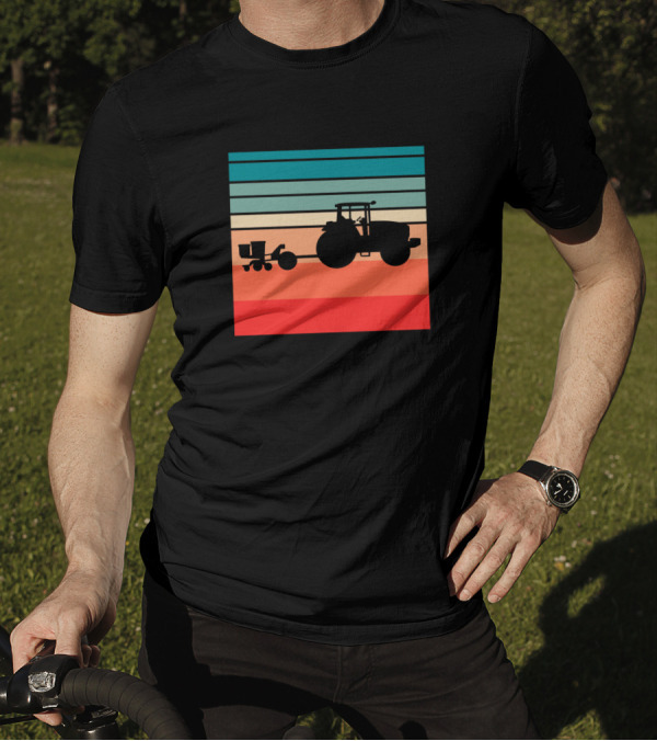 Retro Silhouette Tractor With Planter And Colorful Stripes Background T-Shirt