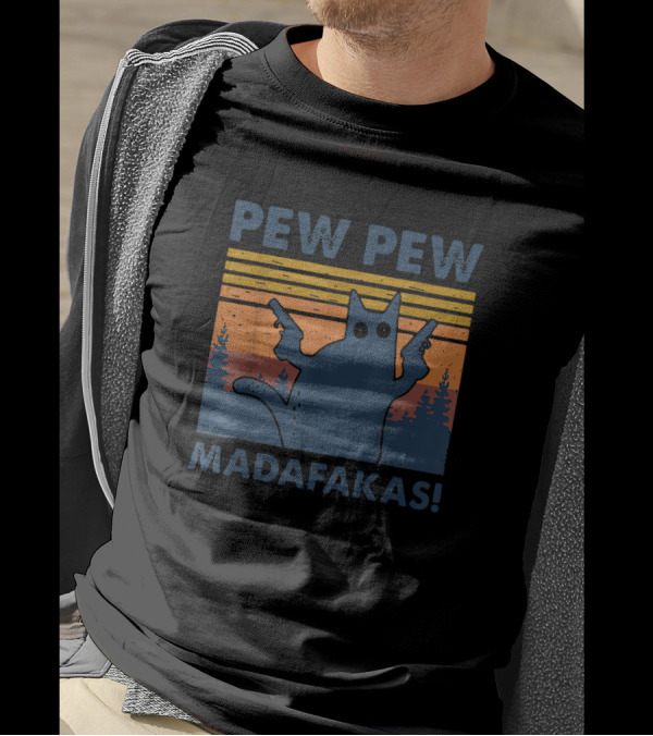 Cat Vintage Pew Pew Madafakas Retro Style With Dual Guns T-Shirt