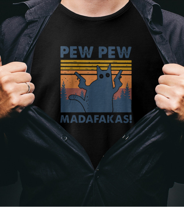 Cat Vintage Pew Pew Madafakas Retro Style With Dual Guns T-Shirt