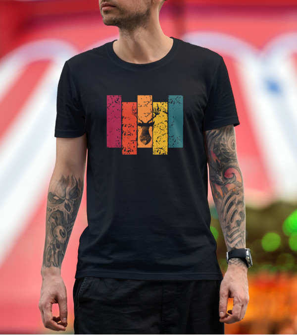 Premium T-Shirt: Retro Colorful Deer Vintage Silhouette Stripes T-Shirt Retro Colorful Deer Vintage Silhouette Stripes T-Shirt