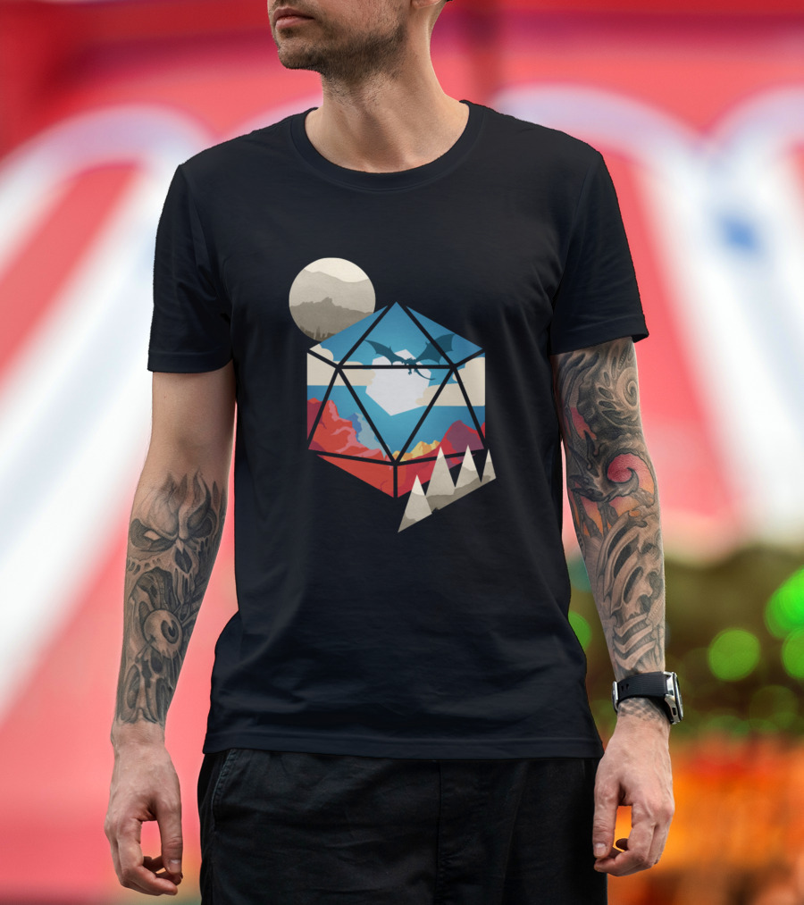 D20 World with Dragon and Mountain Landscape Crystal Dice T-Shirt
