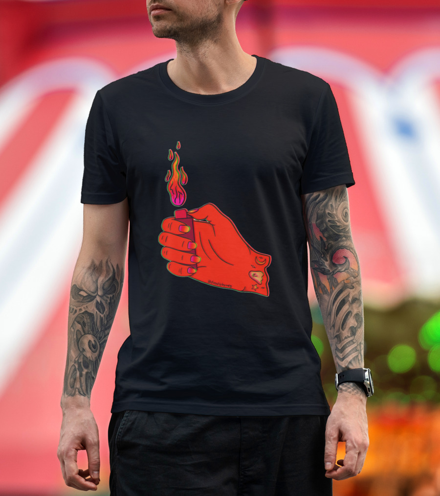 Lit Lighter Neon Hand Flame Aesthetic Sign by DoNotWindMeUp T-Shirt