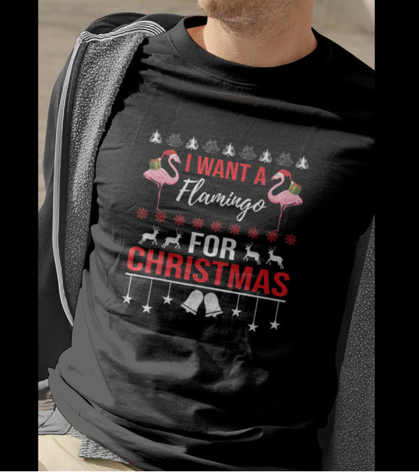 I Want A Flamingo For Christmas Funny Flamingo Holiday Reindeer Bells T-Shirt