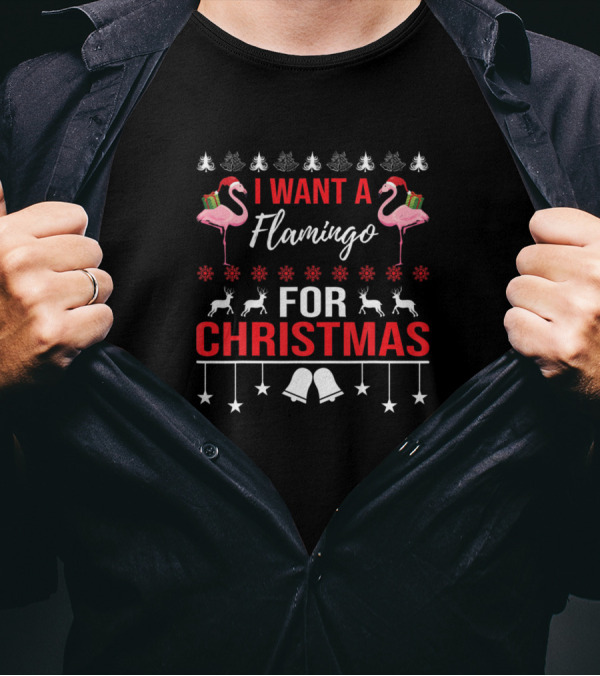 I Want A Flamingo For Christmas Funny Flamingo Holiday Reindeer Bells T-Shirt