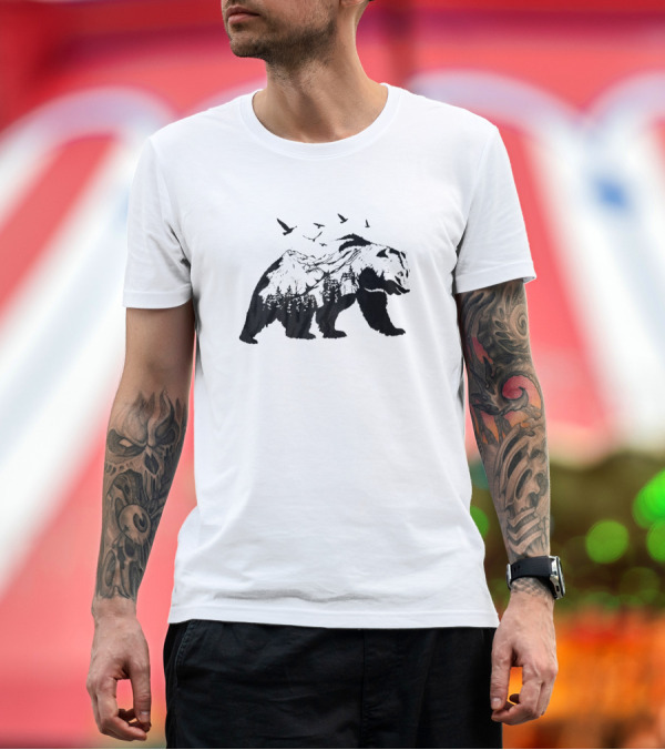 Premium T-Shirt: Bear with Mountains and Birds T-Shirt Bear with Mountains and Birds T-Shirt