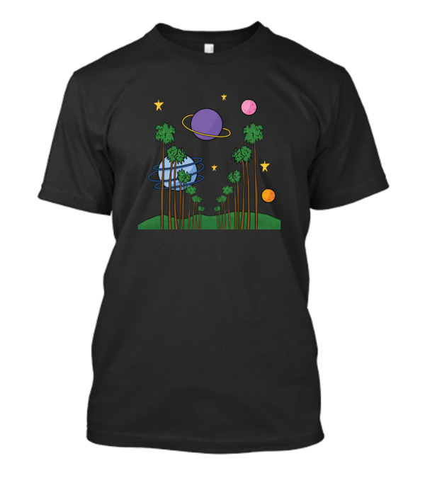 Planets And Palm Trees Cosmic Landscape With Stars And Rings T-Shirt