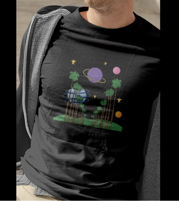 Planets And Palm Trees Cosmic Landscape With Stars And Rings T-Shirt