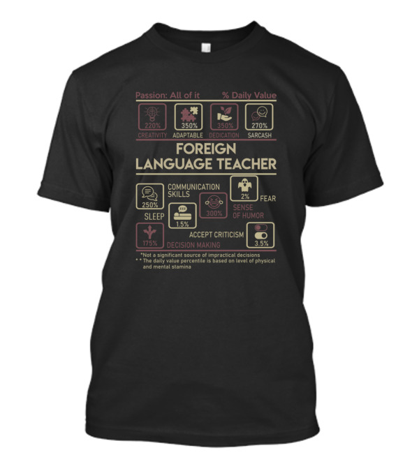 Foreign Language Teacher Passion Daily Value Creativity Adaptable Dedication Sarcasm T-Shirt