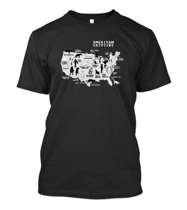 American Cryptids Sasquatch Wendigo Bigfoot Map Of The US Cryptid Locations T-Shirt