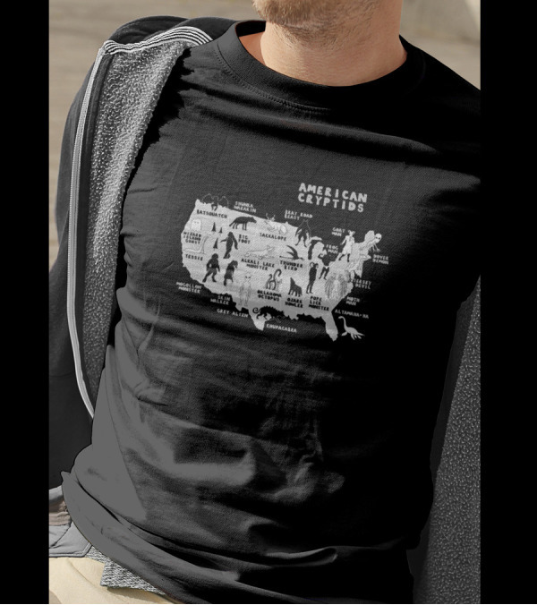 American Cryptids Sasquatch Wendigo Bigfoot Map Of The US Cryptid Locations T-Shirt