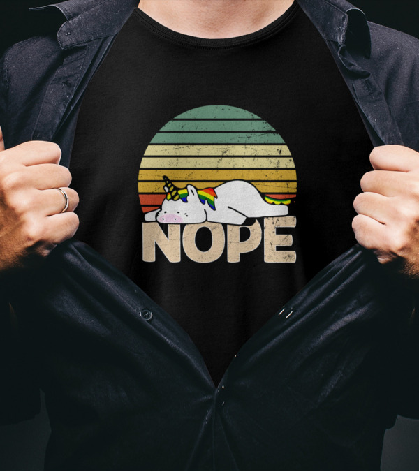Nope Lazy Unicorn Vintage Sunset Rainbow Stripes T-Shirt