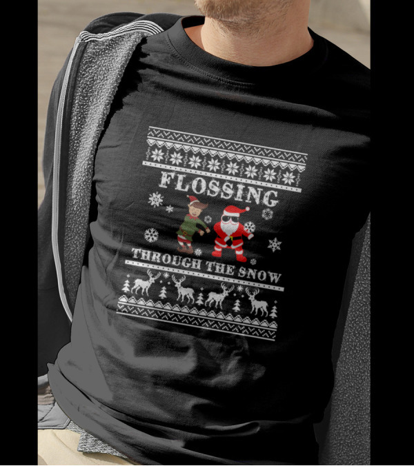 Flossing Through The Snow Ugly Christmas Sweater Santa And Elf Dance T-Shirt