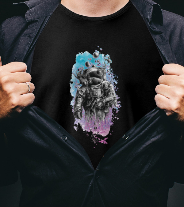 Ghostly Astronaut In An Unknown World Psychedelic Cosmic Drip T-Shirt