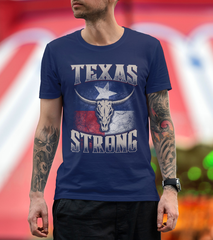 Texas Strong Longhorn Skull With Texas Flag T-Shirt