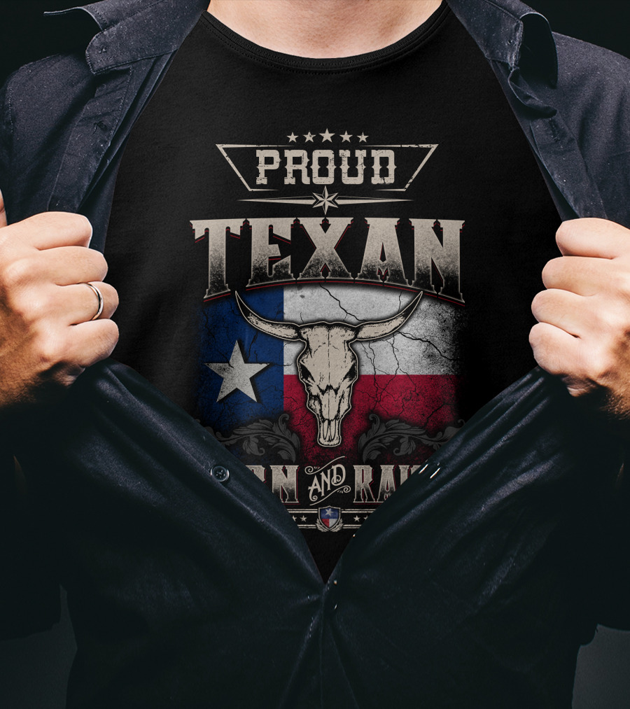 Proud Texan Born And Raised Texas Flag Longhorn Skull T-Shirt