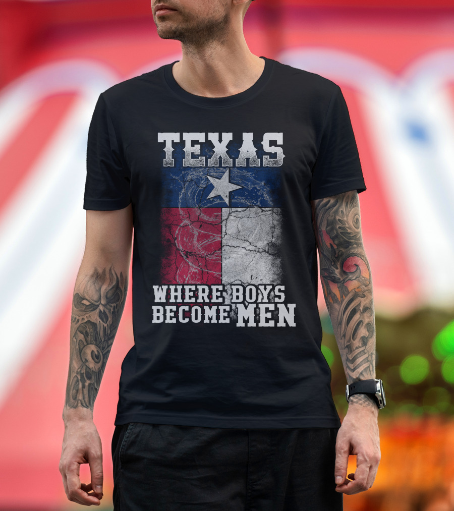 Texas Where Boys Become Men Lone Star Flag Cracked T-Shirt