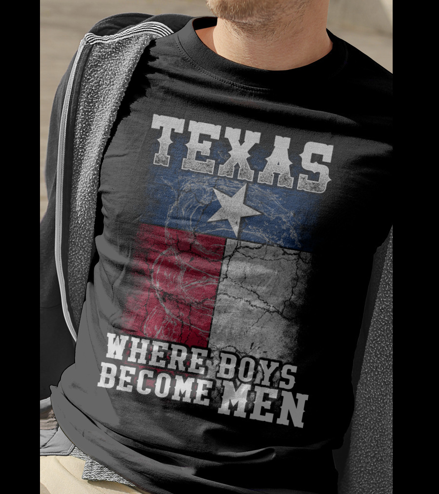 Texas Where Boys Become Men Lone Star Flag Cracked T-Shirt