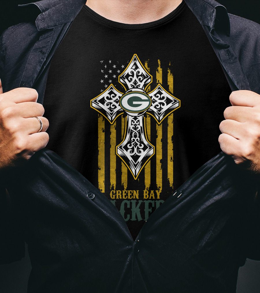 Green Bay Packers Cross American Flag T-Shirt
