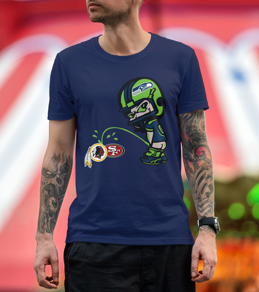 Seattle Seahawks Rivalry Cartoon With San Francisco 49ers And Washington Logos T-Shirt