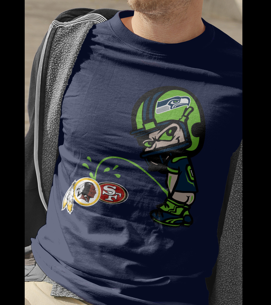 Seattle Seahawks Rivalry Cartoon With San Francisco 49ers And Washington Logos T-Shirt