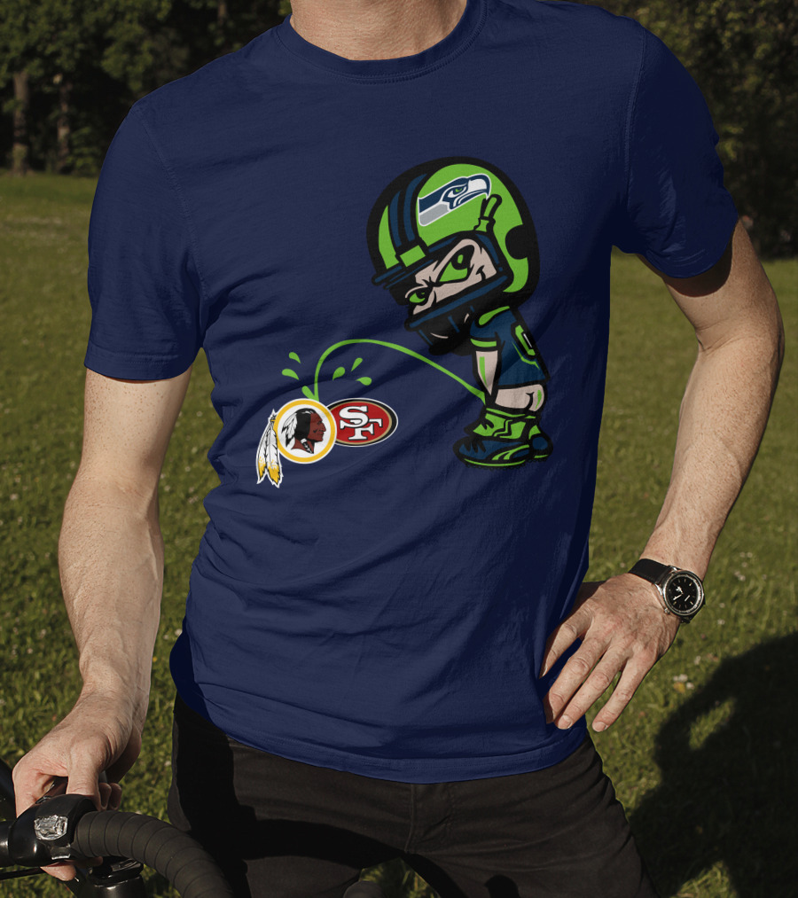 Seattle Seahawks Rivalry Cartoon With San Francisco 49ers And Washington Logos T-Shirt