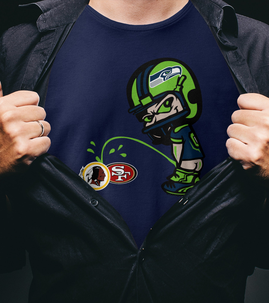 Seattle Seahawks Rivalry Cartoon With San Francisco 49ers And Washington Logos T-Shirt