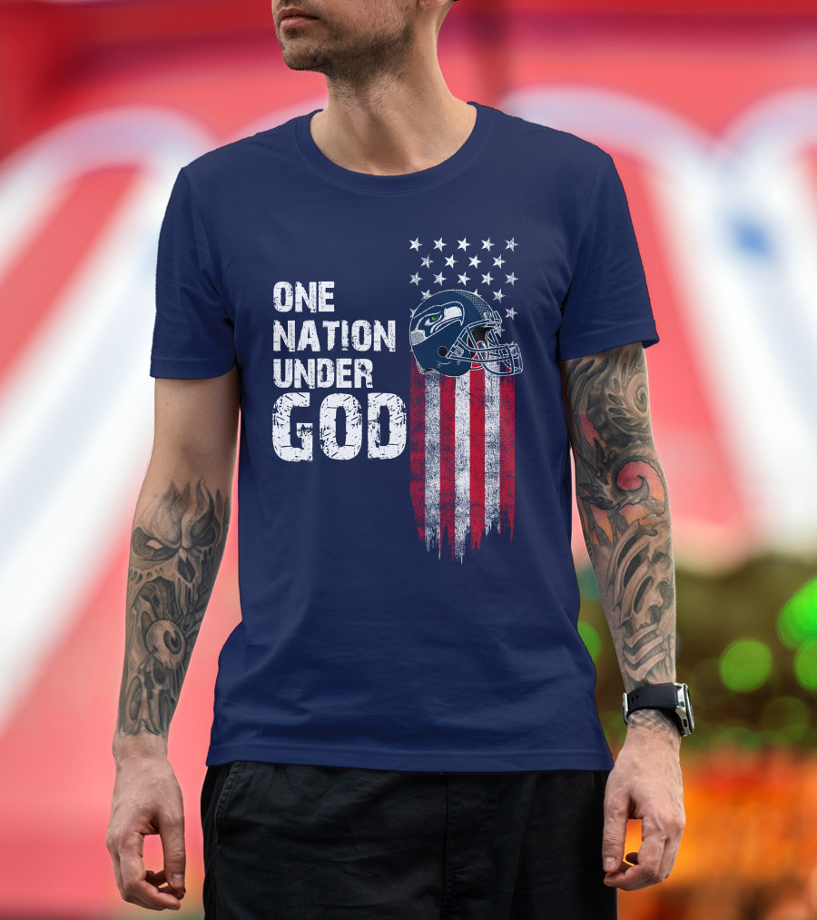 One Nation Under God Seattle Seahawks Flag Helmet Stars Stripes T-Shirt