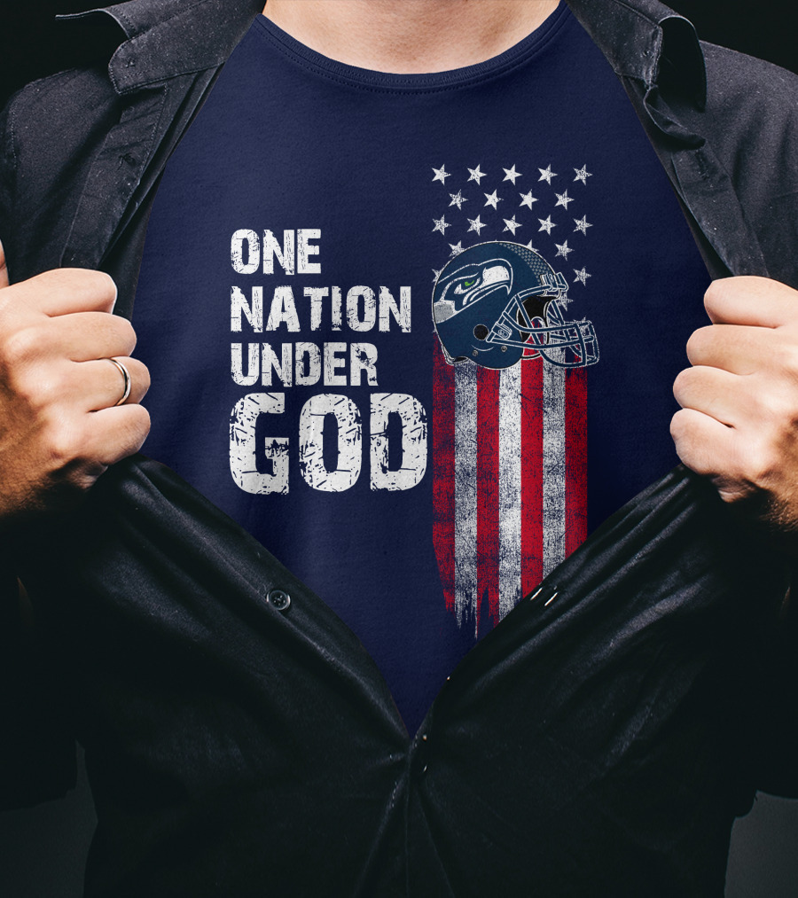 One Nation Under God Seattle Seahawks Flag Helmet Stars Stripes T-Shirt