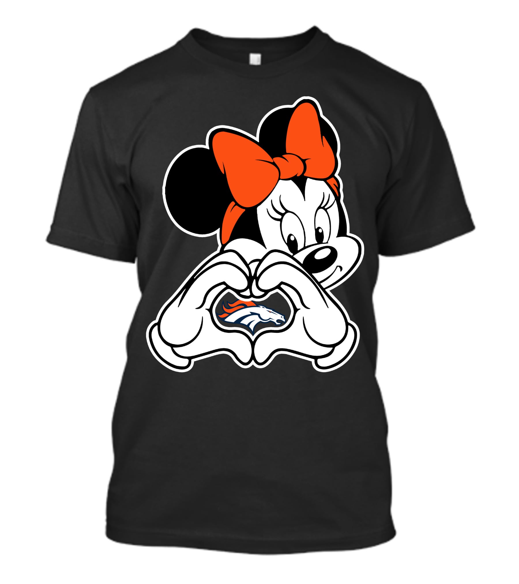 Minnie Mouse Heart Hands Denver Broncos Logo On Black Background With Orange Bow T-Shirt
