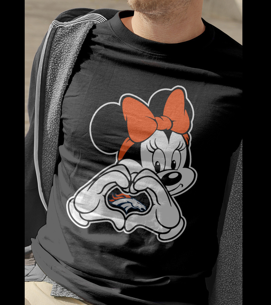 Minnie Mouse Heart Hands Denver Broncos Logo On Black Background With Orange Bow T-Shirt